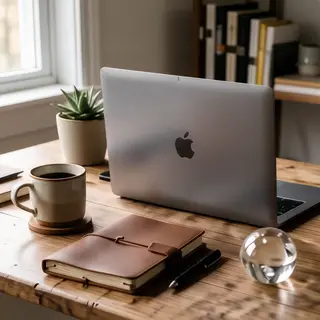A workspace desk with a brushed aluminum laptop, a leather-b