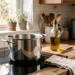 A kitchen counter with a stainless steel pot, a wooden cutti
