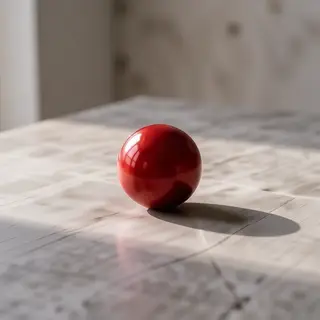 A red sphere on a white surface with a single shadow cast to