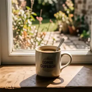 A coffee mug on a sunny windowsill casting a sharp shadow to
