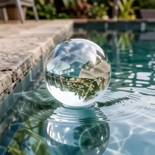 A clear glass sphere sitting on a mirror surface near a pool