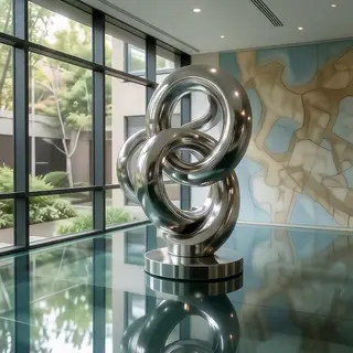 A chrome sculpture in a room with a glass floor and large wi