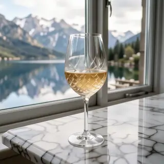 A crystal wine glass on a polished marble counter next to a 