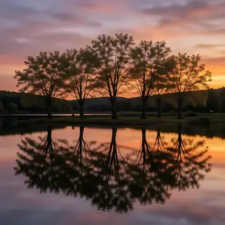 A row of trees reflected in a calm lake at sunset, with the 