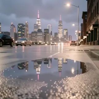 A city skyline reflected in a rain puddle on a street, with 