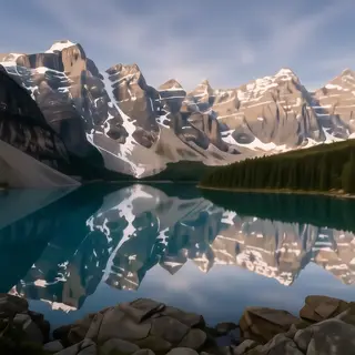 A mountain range reflected in a still alpine lake, with the 