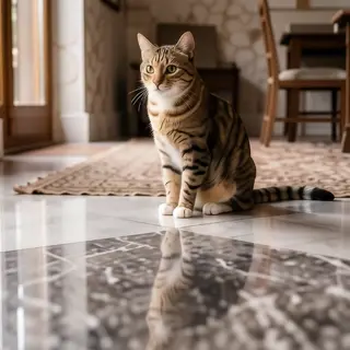 A cat sitting on a polished marble floor with its reflection