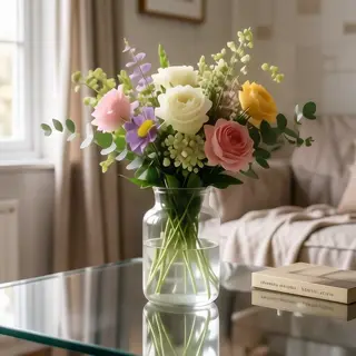A vase of flowers on a glass table with a clear reflection v