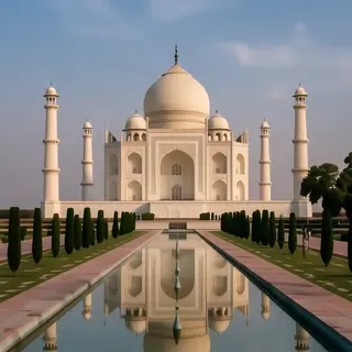 The Taj Mahal in Agra seen from the reflecting pool, with ac