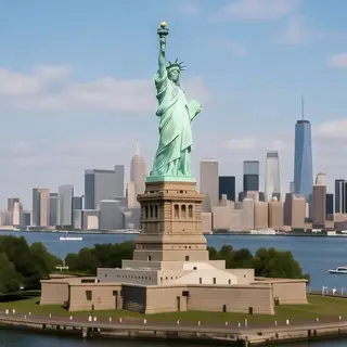 The Statue of Liberty on her island pedestal, with correct t