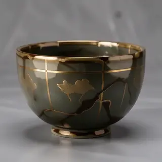 A Japanese kintsugi bowl — cracked ceramic repaired with vis