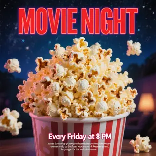 A movie night poster with a large popcorn image in the cente