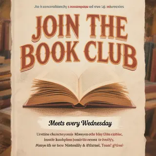 A book club poster with an open book illustration, the title