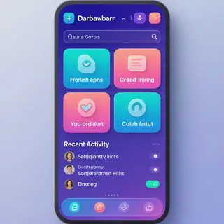 A mobile app UI mockup showing a dashboard with a top naviga
