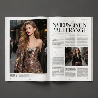 A fashion magazine spread with a full-bleed left-page photo,