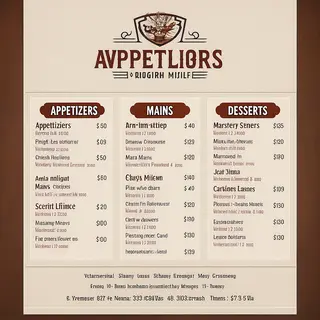 A restaurant menu layout with a logo header, three category 