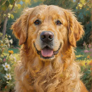 A golden retriever sitting in a garden, painted in the style