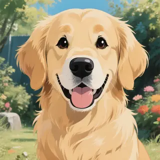 A golden retriever sitting in a garden, rendered in Japanese