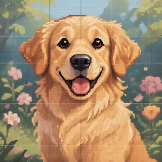 A golden retriever sitting in a garden, rendered in pixel ar