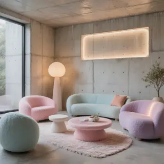 An interior scene rendered in soft brutalism — raw concrete 