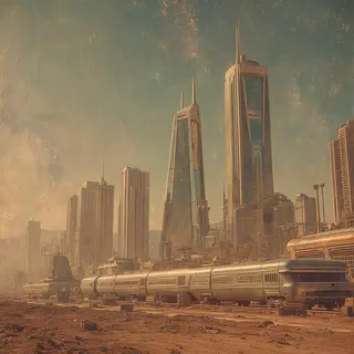 A cityscape rendered in nostalgic futurism — retro-futuristi