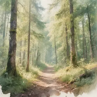 A forest rendered in photorealistic watercolor — the detail 
