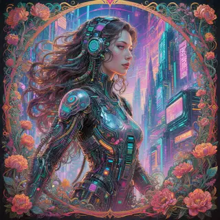 A woman in a futuristic city rendered in cyberpunk Art Nouve