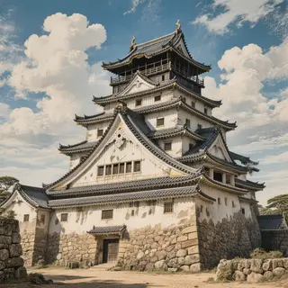 A medieval castle depicted in Japanese ukiyo-e woodblock pri