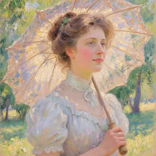 A woman with a parasol in the style of Impressionism — soft 