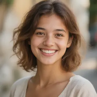 A close-up portrait of a young woman with a warm natural smi