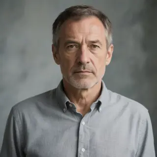 A portrait of a middle-aged man with a calm, serious express
