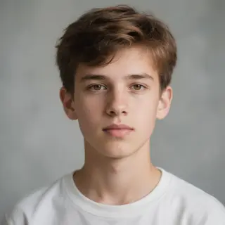 A headshot of a teenager with a relaxed, neutral face