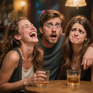 A group of three friends at a table: one laughing with head 