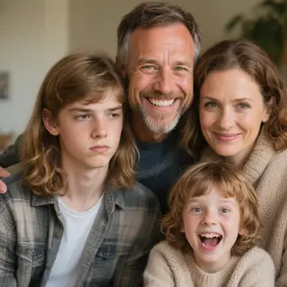 A family photo with four people: a father beaming with pride