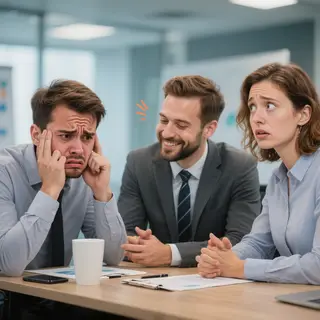 Three coworkers in a meeting: one looking frustrated with fu