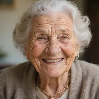 An elderly woman in her 80s with deep wrinkles and white hai