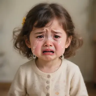 A 5-year-old child with round cheeks and large eyes, crying 
