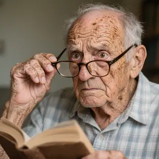 An elderly man in his 70s with age spots and thinning gray h