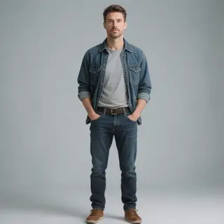 A man standing straight facing the camera, hands in pockets,