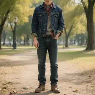 A person standing in a neutral pose in a park, full body vis