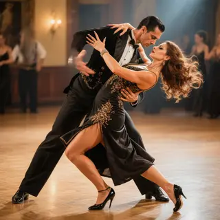 Two tango dancers in a close embrace, the man dipping the wo