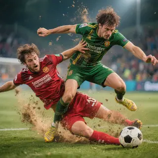 Two soccer players mid-tackle, one sliding and the other jum