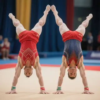 Two gymnasts performing a synchronized handstand, side by si