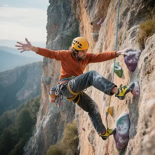 A rock climber clinging to a cliff face with arms and legs e