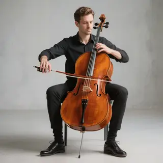 A cellist seated with correct posture, legs around the instr