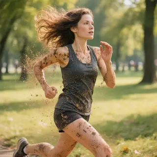 A woman mid-stride running through a park, hair and clothes 