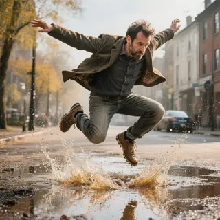 A man captured mid-jump over a puddle, body in the air with 