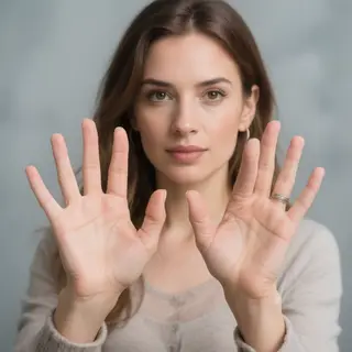 A woman holding her hands out in front of her palms-up, all 