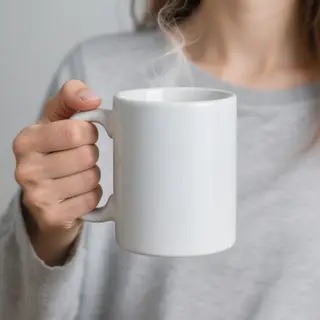 A person holding a white ceramic coffee mug by the handle wi