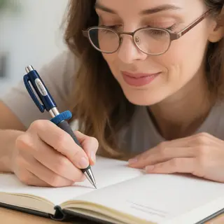 A woman writing in a notebook with a pen gripped correctly i